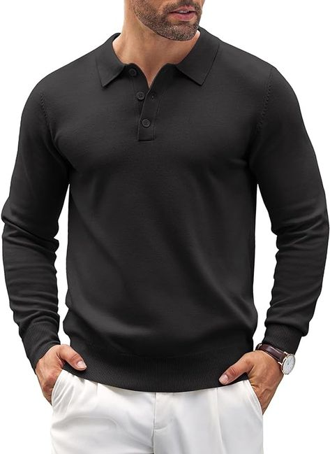 Amazon.com: COOFANDY Men's Long Sleeve Polo Shirt Casual Knit Button Down Golf Shirt Black : Clothing, Shoes & Jewelry Polo Match, Black Clothing, Knit Polo, Long Sleeve Polo Shirt, Men's Knit, Golf Polo Shirts, Formal Looks, Jacket Blazer, Golf Shirt