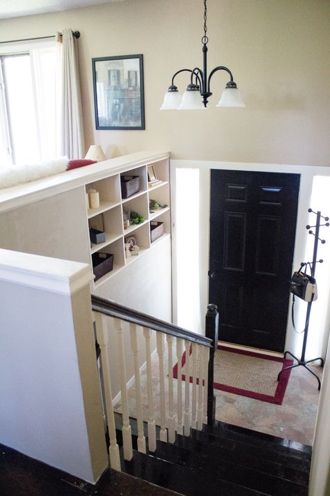 split level staircase and entryway makeover Split Level Staircase, Split Foyer Entry, Split Foyer Remodel, Split Entry Remodel, Split Level Entryway, Split Level Remodel, Split Entry, Ikea Built In, Split Foyer