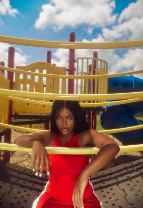 Yellow Photoshoot Aesthetic, Creative Photoshoot Ideas Outdoor Street, Playful Photoshoot Ideas, Playground Photoshoot Aesthetic, Playground Portraits, Park Photoshoot Ideas Instagram, Playground Photoshoot Ideas, Eboard Photoshoot, Photoshoot Red Dress