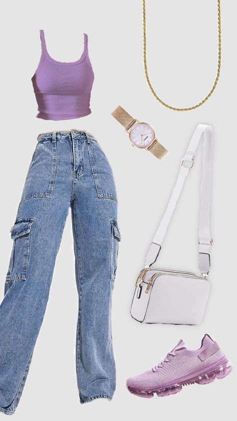 Purple Crop Top Outfit, Cute Purple Shoes, Cute Purple Outfits, Summer Outfit Travel, Cargo Jeans Outfit, Casual Date Outfit, Cool Girl Outfit, Amazon Outfits, Mall Outfit