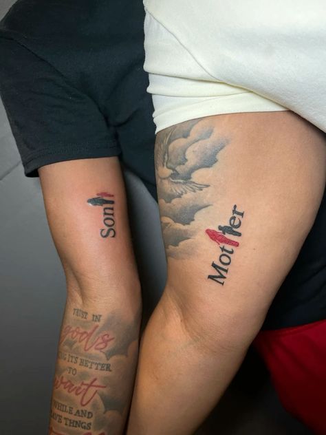 Mom Son Tattoos Matching, Im My Brothers Keeper Tattoo, Mom Arm Sleeve Tattoo, Nick Tattoos Ideas For Men, Him And Hers Tattoos, Matching Tattoos For 3 Brothers, Small Mom And Son Tattoo Ideas, Men Tattoo Ideas Quotes, Tattoo Ideas For Men About Mom