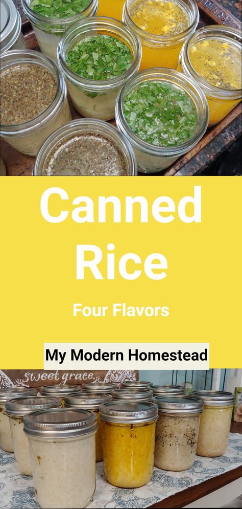 Canning rice in four different flavors for long-term food storage Canning Broccoli, Canning Rice, Parboiled Rice, Modern Homestead, Easy Rice, Flavored Rice, Long Term Food Storage, Water Bath Canning, Easy Rice Recipes