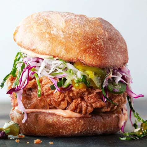 Slaw doesn't go next to this awesome fried chicken sandwich; it goes on the sandwich, along with a healthy dose of spicy mayo. Spicy Mayo Recipe, Fried Chicken Sandwiches, Sandwiches Chicken, Mayo Recipe, Recipes Sandwiches, Chicken Sandwich Recipes, Fried Chicken Sandwich, Chicken Sandwiches, Spicy Mayo