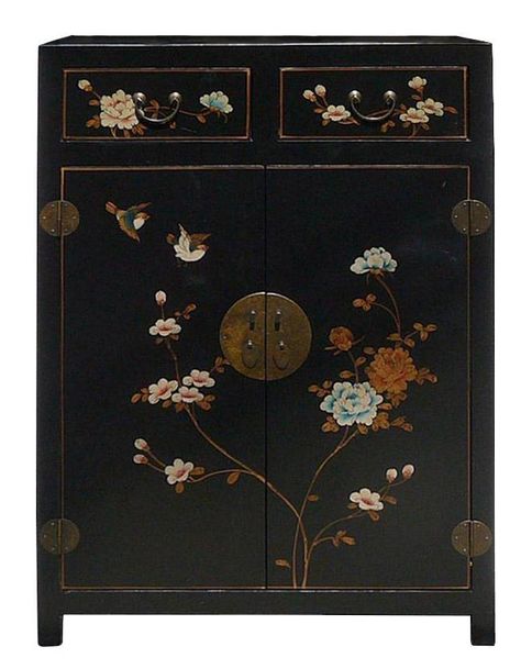 Chinese Black Color Flowers & Birds Veneer Leather Side Table Shoes Cabinet cs681S Lazy Susan Shoe Rack, Leather Side Table, Shoes Cabinet, Chinese Cabinet, Japanese Lacquerware, Antique Chinese Furniture, Stereo Cabinet, Lacquer Furniture, Asian Furniture