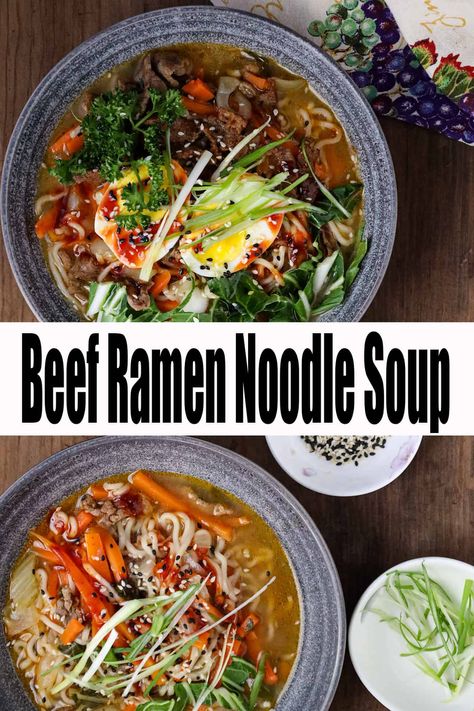 Beef Noodle Soup Chinese Beef Soup Asian Noodles, Healthy Ramen Soup Recipes, Spicy Beef Ramen Soup, Beef Broth Ramen Recipes, Steak Ramen Noodle Recipes Soup, Pork Ramen Noodle Recipes Soups, Beef Stew Ramen, Beef Ramen Noodle Hacks, Beef Rice Noodle Soup