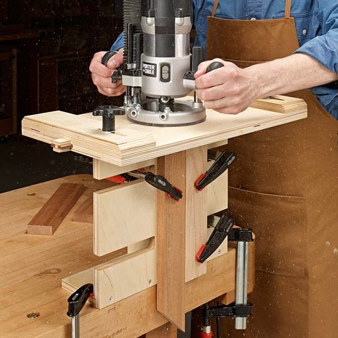 This jig lets you make mortises with your plunge router. It clamps to your workbench at a height that's easy to work with. Making Doors, Mortise Jig, Woodsmith Plans, Cabinet Construction, Shooting Board, Drill Press Table, Plunge Router, Bat House, Router Jig