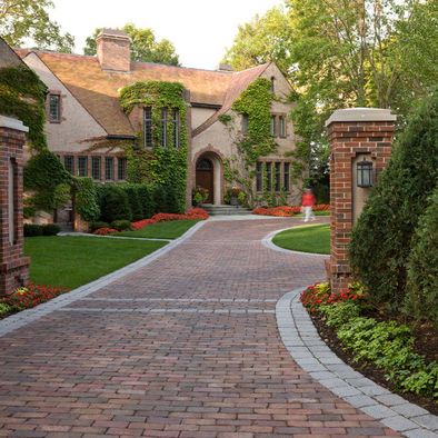 Landscape Design, Pictures, Remodel, Decor and Ideas - page 12 Brick Paver Driveway, Brick Driveway, Driveway Entrance, Driveway Design, Driveway Landscaping, Paver Driveway, Front Yard Design, Brick Pavers, Tudor House