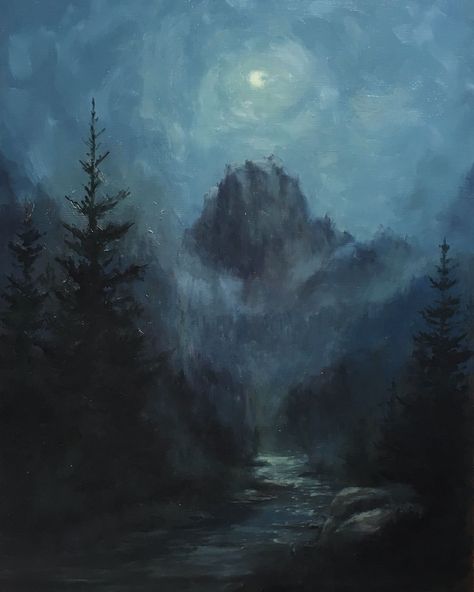 Ominous Painting Ideas, Moonlit Landscape Paintings, Dark Mountains Painting, Dark Paintings Landscape, Acotar Landscape Art, Mountains Night Painting, Moon And Lake Painting, Grass At Night Painting, Woods At Night Painting