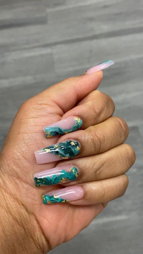 Nail Designs March, March Nail Designs, Green Marble Nails, Teal Acrylic Nails, Teal Nail Designs, Emerald Nails, March Nails, Gold Acrylic Nails, Aqua Nails