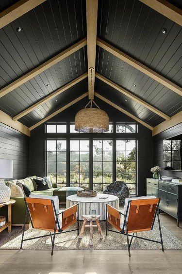 Here is How to Choose Paint Colors for a Large Room With a Vaulted Ceiling. #hunkerhome #paintcolorideas #tallceiling #vaultedceiling #vaultedceilingideas Contemporary Country Home, Traditional Home Magazine, Black Ceiling, Living Room Ceiling, Country Style Homes, Modern Farmhouse Style, Contemporary Living Room, Custom Home Builders, House And Home Magazine