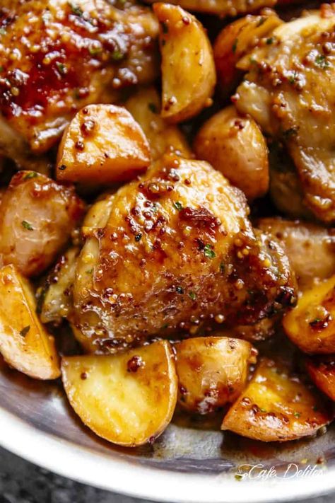 Honey Mustard Chicken & Potatoes (One Pan) - Cafe Delites Creamy Honey Mustard Chicken, Honey Mustard Chicken Thighs, Mustard Chicken Thighs, Mustard Chicken Recipes, Chicken And Potatoes, Honey Mustard Chicken, Mustard Chicken, Honey Mustard Sauce, Mustard Sauce