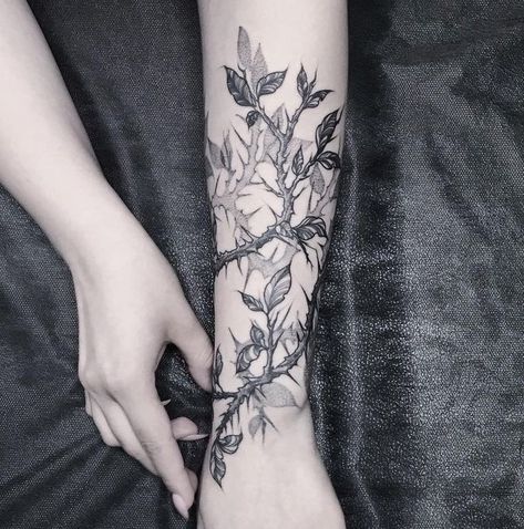 Vine Hand Tattoo, Rose Thorn Tattoo, Rose Vine Tattoos, Forearm Cover Up Tattoos, Thorn Tattoo, Backpiece Tattoo, Wrap Around Tattoo, Rose Tattoos For Men, Rose Vine