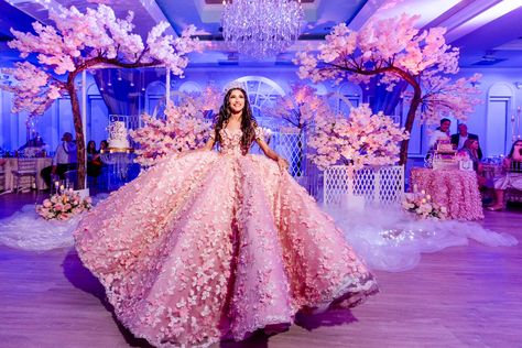 Cherry Blossom Themed Quinceanera, Cherry Blossom 15 Theme, Cherry Blossom Quince Theme, Quinceanera Sitting Area, Cherry Blossom Sweet 16 Dress, Japanese Quinceanera Ideas, Cherry Blossom Dress Quinceanera, Cherry Blossom Sweet 16 Party Ideas, Cherry Blossom Birthday Theme