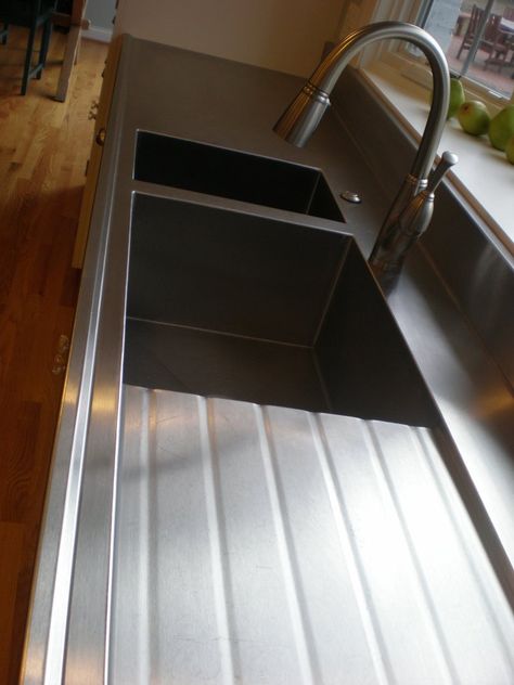 Stainless Steel Sink With Drainboard, Sink With Built In Drainboard, Stainless Steel Drainboard Sink, Stainless Steel Countertop With Integrated Sink, Stainless Steel Countertops Kitchen, Metal Countertops, Steel Countertops, Replacing Countertops, Refinish Countertops