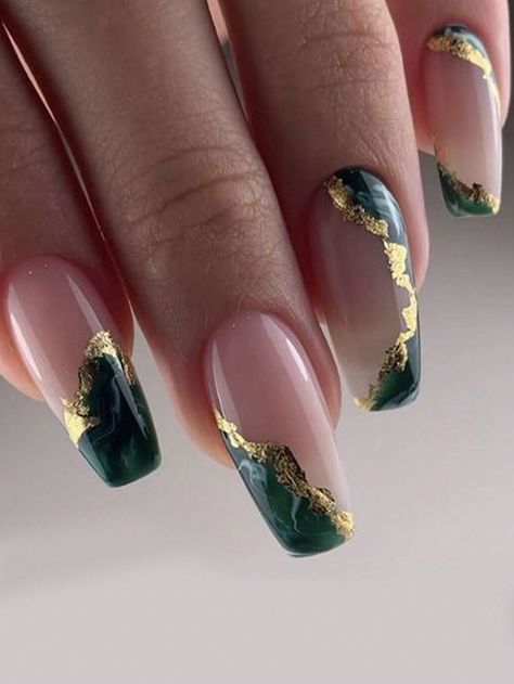 24pcs French Style Green Marble & Gold Foil Medium Ballerina Nail Tips + 1pc Jelly Gel + 1pc Nail File Press On Nails Nail SuppliesI discovered amazing products on SHEIN.com, come check them out! Clear Glitter Nails, Gold Gel Nails, Nails Press Ons, Emerald Nails, Bridesmaids Nails, Gold Acrylic Nails, Water Marble Nails, Natural Nail Designs, Dark Green Nails