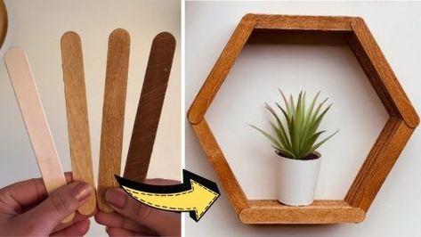 Diy Hexagon Shelves, Popsicle Sticks Diy, Popsicle Stick Diy, Sticks Diy, Diy Joy, Hexagon Shelves, Wall Designs, Crafts For Boys, Coffee Powder