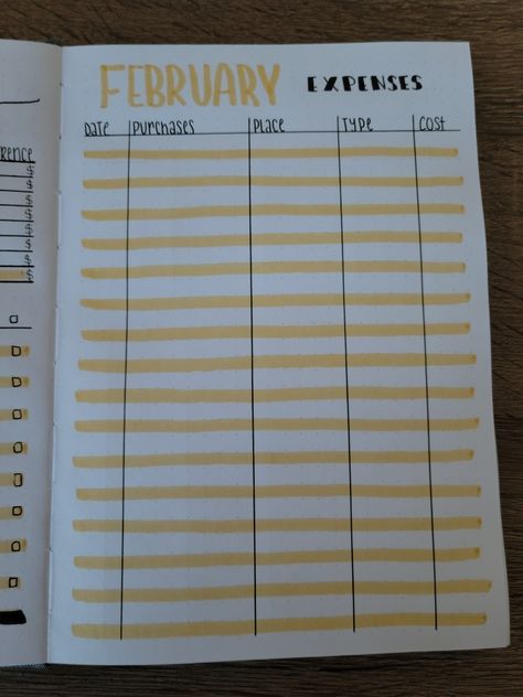 Bullet journal, expenses tracker, finances, journaling, yellow, 2022 Diy Expense Tracker, Money Tracker Journal, Bullet Journal Ideas Money Tracker, Bullet Journal Savings Page, Bujo Expense Tracker, Financial Tracker Bullet Journal, Bujo Finance Tracker, Debt Tracker Bullet Journal, Saving Money Bullet Journal