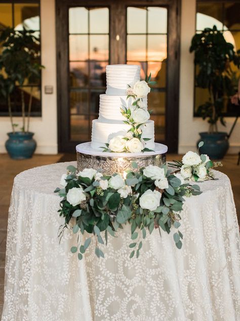 Cake With White Roses, Wedding Table Toppers, Wedding Cake Table Decorations, Wedding Cake Display, Cake Table Decorations, Floral Wedding Cakes, Wedding Cake Table, Tampa Wedding, Outdoor Wedding Reception