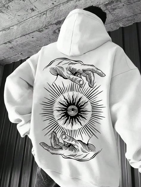 Men'S Casual Hooded Sweatshirt With Finger Print Eye Graphic, French Terry Fabric, Loose Fit Knit Hoodie With Pocket, Non-Stretch Hoodie For Daily Outdoor Wear White Casual,Street  Long Sleeve Knitted Fabric Animal,Car,Cartoon,Christmas,Figure,Graphic,Letter,Tribal  Slight Stretch All Men Clothing, size features are:Bust: ,Length: ,Sleeve Length: Cool Hoodie Back Designs, Black And White Hoodie Design, Cool Designs For Hoodies, Back Hoodie Design, Design Hoodie Ideas, Hoodies Print Ideas, Printed Hoodies Ideas, Hoodie Ideas Design, Hoodie Print Design Ideas