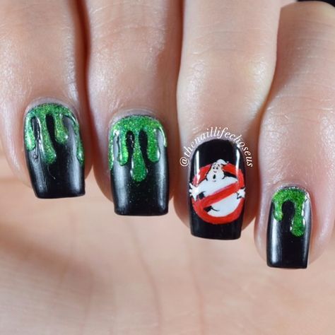 Ghostbusters Nail Art, Ghostbuster Nails, Ghostbusters Nails, Slimer Ghostbusters, Ghost Busters, Fall Nail Designs, Ghostbusters, Halloween Nails, Nail Inspo