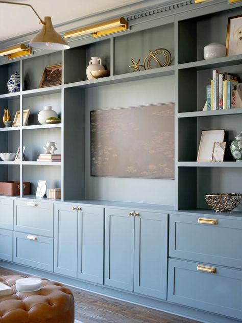 Farrow and ball de nimes custom built-ins for this informal living room with brass/gold accents. Informal Living Room, Custom Built Ins, Blue Cabinets, Farrow And Ball, Brass Gold, Farrow Ball, Built Ins, Custom Build, Gold Accents