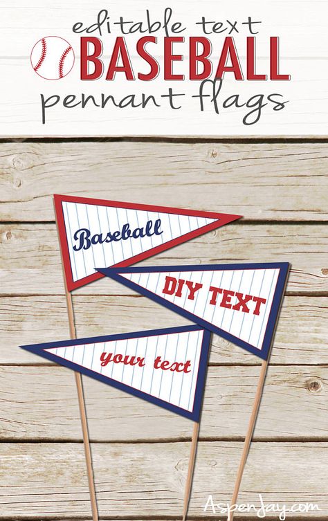 Editable Printable Baseball Pennant Flags  ♥ Baseball Flags Use these editable pennant flags to add a finishing touch at the next baseball themed party you throw! They can be used as food labels, table markers, added baseball decor or whatever you want! The flags are easily personalized by typing over the sample text using the program Adobe Reader. Simply type, save the file, print, and cut!  ** ONLY the text is editable. M A T C H I N G ⋆ I T E M S ___________________________________________... Baseball Party Centerpieces, Baseball Printables, Concessions Banner, Baseball Food, Baseball Pennants, Baseball Banner, Baseball Flag, Flag Diy, Sports Party Decorations