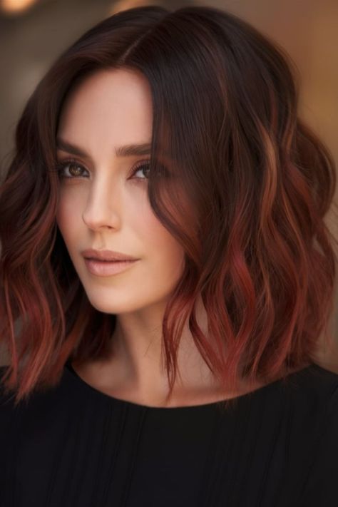 This elegant fall haircut showcases a soft wavy bob with rich auburn tones. Perfect for those seeking a subtle yet striking change, this style adds warmth to your look, making it ideal for autumn. Embrace the season with soft texture and deep hues that enhance your natural beauty. Auburn Angled Bob, Short Red Hair Color Ideas, Shoulder Length Red Brown Hair, Autumn Hair Color Auburn, Red Brown Short Hair, Mid Length Red Hair, Red Hair Long Bob, Ginger Hair Short, Auburn Short Hair