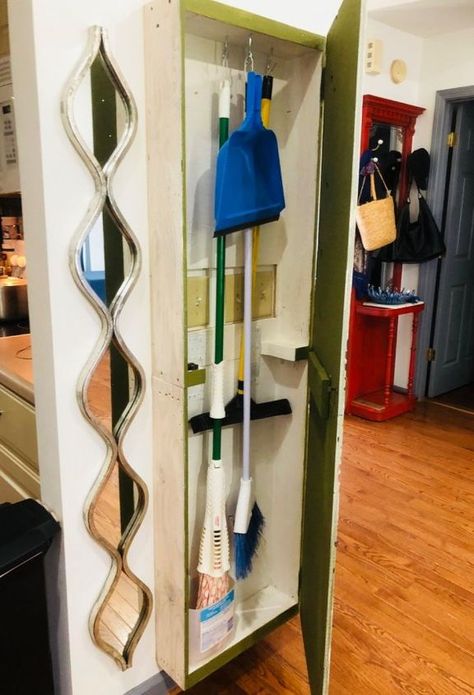 The storage space in my kitchen is super limites and I've always wanted to come up with a storage solution for my broom and mop. I wanted a smart way to store and hide them, so this is how I fixed the problem :) Check it out! I had two left over drawers from an old dresser that is just sitting in my garage, so I decided to put them to good use and re purpose them! I used them for this project. If I stack them one on the other, they are the perfect height to store my broom and mo… Storing Mops And Brooms Storage Ideas, Diy Broom Storage, Hide Broom And Mop Ideas, How To Store Brooms And Mops, Store Brooms And Mops, Mop And Broom Storage Ideas, Broom And Mop Storage Ideas, Diy Broom Closet, Mop Storage Ideas