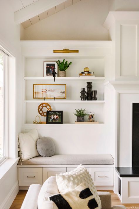 Diy Living Room Seating Ideas, Living Room Built In Seating, Build In Shelves Living Room With Tv, Living Room Built In With Desk, Reading Bench, Addition Project, Built In Bench Seating, Built In Around Fireplace, Built In Shelves Living Room