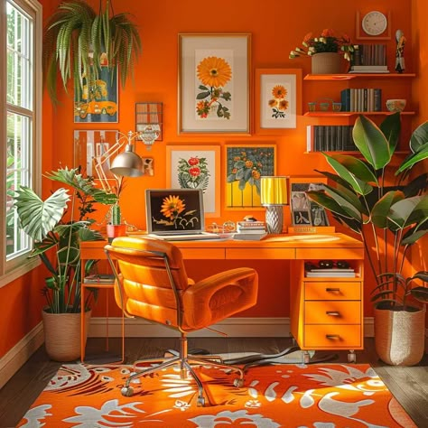 Playful Orange Interior Design Color Palette for Energetic Rooms • 333k+ Inspiring Lifestyle Ideas & Images Yellow Orange Green Home Decor, Green And Orange Office, Orange And Green Interior Design, Happy Interior Design, Orange Interior Design Inspiration, Bright Bold Color Palette, Orange And Blue Aesthetic Bedroom, Colors That Go With Orange, Orange Green Room