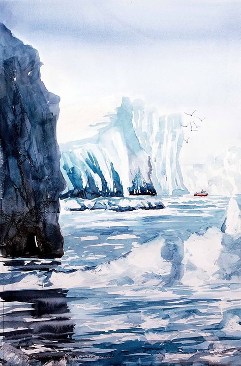 Iceberg Watercolor, Ice Watercolor, Painting Seascapes, Arctic Art, Sea Watercolor, Illusion Drawings, Arctic Sea, Person Drawing, Watercolor Water