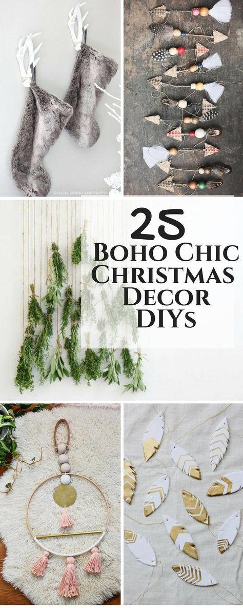 25 DIY Boho Chic Christmas Decor Ideas. make modern and rustic Free People inspired ornaments wreaths tree decorations and more. #DIYChristmas #Christmasdecor #bohodecor Boho Chic Christmas, Diy Christmas Decorations For Home, Chic Christmas Decor, Boho Christmas Decor, Bohemian Christmas, Elegant Christmas Decor, Beautiful Christmas Decorations, Diy Boho, Boho Christmas