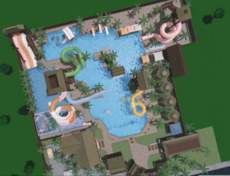 Bloxburg Amusement Park, Bloxburg Amusement Park Layout, Water Park Ideas Bloxburg, Water Park Decals Bloxburg, Bloxburg Public Pool, Waterpark Bloxburg Layout, Water Park Layout Bloxburg, Waterpark Bloxburg Decals, Waterpark Bloxburg Decal Codes