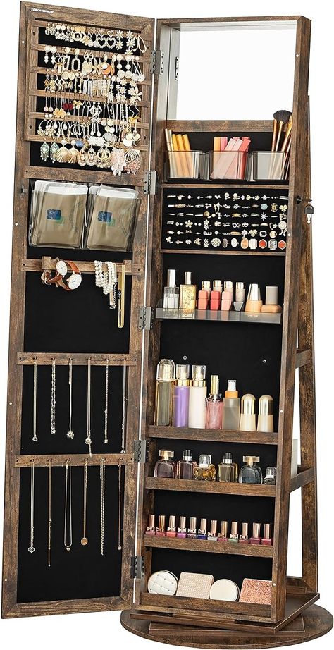 Amazon.com: SONGMICS 360° Swivel Jewelry Cabinet, Lockable Jewelry Organizer with Full-Length Mirror, Rear Storage Shelves, Interior Mirror, Jewelry Armoire, Gift Idea, Rustic Brown UJJC006X01 : Clothing, Shoes & Jewelry Wooden Armoire, Led Cabinet, Mirror Jewelry Storage, Chirstmas Gift, Mirror Jewelry, Interior Mirror, Standing Jewelry Armoire, Mirror Jewellery Cabinet, Frameless Mirror