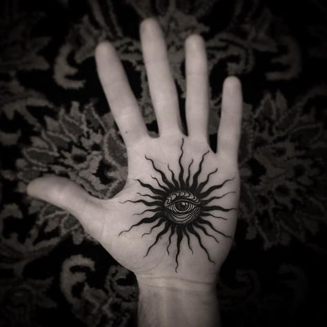 Eye Tattoo On Palm, Eye Palm Tattoo, Black Eye Tattoo, Hand Palm Tattoos, Chaos Tattoo, Left Hand Path, Wrist Tattoo Designs, Timeless Tattoo, Palm Tattoos