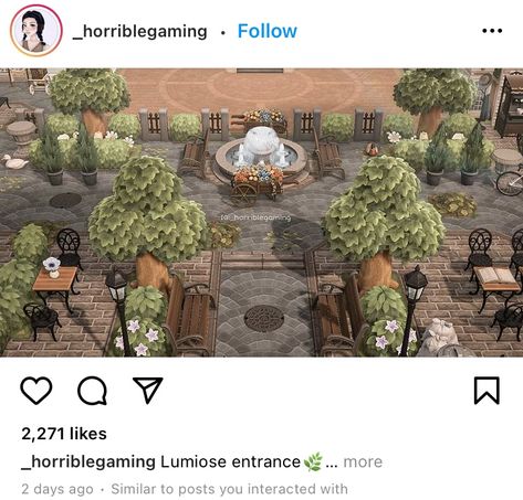 Acnh Horrible Gaming, Acnh Suburban Entrance, Horrible Gaming Acnh, Acnh Citycore Entrance, Animal Crossing Plaza Ideas, Acnh Plaza Idea, Acnh Town Plaza Ideas, Horrible Gaming, Acnh Entrance