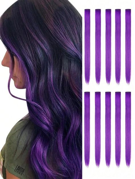 Purple  Collar  High Temperature Fiber  Clip-In Hair Extensions Embellished   Wigs & Accs Highlight Shades, Women Straight Hair, Colored Hair Extensions, Straight Hair Extensions, Purple Collar, Breast Tape Lift, Sketchbook Art, Wigs Hair Extensions, Clip In Hair Extensions