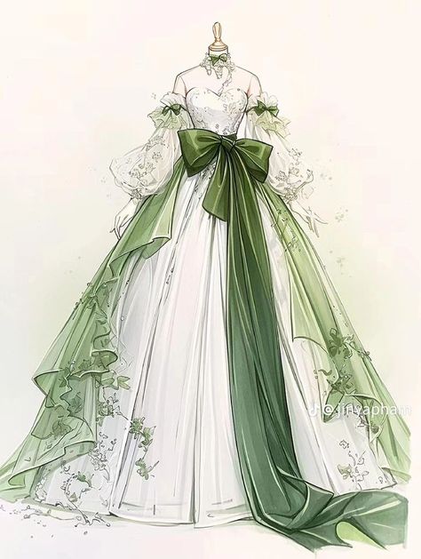 Gowns Dresses Drawing, Anime Dress Ideas, Manhwa Princess Dress, Anime Gown, Manhwa Outfits, Fantasy Dress Design, Boyfriend Jokes, Manhwa Dress, Green Wedding Dress