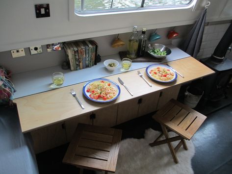 Small space dining. Fold down table for two. Dining Unit, Canal Boat Interior, Narrow Dining Tables, Level Storage, Narrowboat Interiors, Boat Table, Boat House Interior, Fold Down Table, Boat Storage