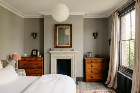 A Carefully Restored Victorian House in London 20 Reclaimed Fireplace, Painted Window Frames, Mad About The House, Marble Fireplace Surround, Victorian Bedroom, Two Bedroom House, London House, Grey Bedroom, Victorian Terrace