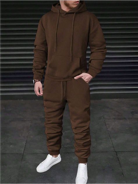 Manfinity Basics Men Solid Kangaroo Pocket Drawstring Hoodie & SweatpantsI discovered amazing products on SHEIN.com, come check them out! T Shirt Design Template, Wedding Dress Men, Leisure Suit, Hoodie And Sweatpants, Polyester Jacket, Tomboy Outfits, Casual Cardigans, Co Ords, Coffee Brown