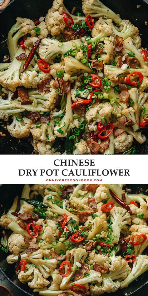 Chinese dry pot cauliflower features crispy cauliflower bites stir fried with bacon and chili peppers in an aromatic savory sauce. It is super easy and fast to put together, and it’s addictively tasty! {Gluten-Free Adaptable} Stir Fry Cauliflower Recipes, Recipes With Dried Chili Peppers, Cauliflower Chinese Recipe, Pork And Cauliflower Recipes, Chinese Cauliflower Recipes, Asian Cauliflower Recipes, Stir Fried Cauliflower, Crispy Cauliflower Bites, Spring Dinners