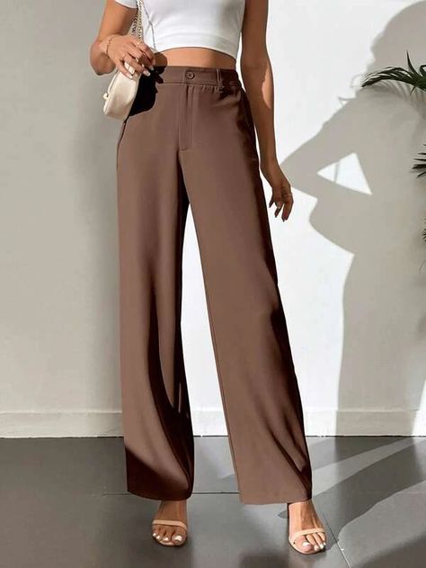 SHEIN Tall Solid Zipper Fly Pants | SHEIN USA Shein Tall Outfits, Coffee Brown Pants Outfit, Tall Pants For Women, Brown Formal Pants Outfit, Brown Pants Outfit Women, Thanksgiving Fits, Trendy Trouser, Trouser Outfit, Brown Dress Pants