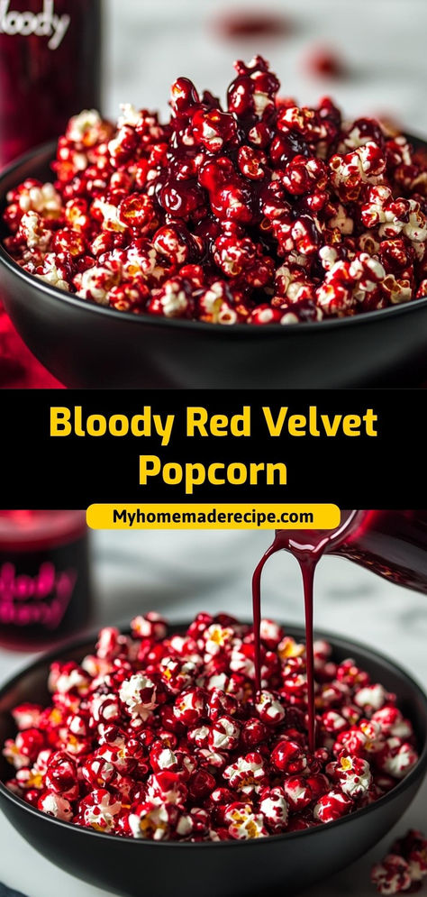 This bloody red velvet popcorn is sweet, spooky, and perfect for Halloween fall parties! The “bloody” red syrup gives it a chilling effect that’s sure to thrill.

Ingredients:

10 cups popped popcorn
½ cup red velvet chocolate melts
¼ cup red syrup (grenadine or red icing)
Make this bloody red velvet popcorn for a creepy, fun treat that’s ideal for spooky celebrations Spooky Menu Ideas, Michael Myers Food Ideas, Vampire Theme Snacks, Gothic Halloween Party Food, Pennywise Party Food, Vampire Themed Appetizers, Halloween Style Food, Creative Halloween Appetizers, Rocky Horror Themed Food