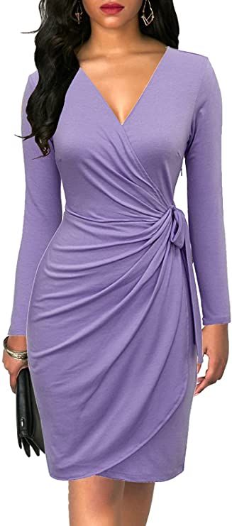 Berydress Women's Classic V-Neck Long Sleeve Casual Party Work Belted Knee-Length Sheath Faux Black Wrap Dress (XL, 6090-Burgundy) at Amazon Women’s Clothing store Natural Waist Dress, Lifestyle Dresses, Wrap Dresses, Black Wrap, Dresses Party, Vestido Casual, Versatile Dresses, Black Wrap Dress, Faux Wrap Dress