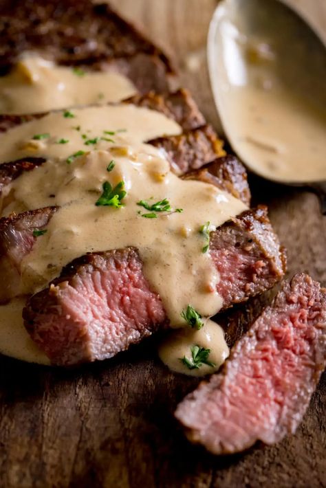 Creamy Diane sauce, spiked with cognac and a touch of mustard, is one of my favourite sauces for steak. It's ready in less than 10 minutes, so you can easily make it while your steak is resting. Cognac Mushroom Steak Sauce, Steak Diane Sauce, Chicken In White Wine Sauce, Pork Shoulder Steaks, Diane Sauce, Steak Diane Recipe, Steak Sauces, Bordelaise Sauce, Steak Sauce Recipes