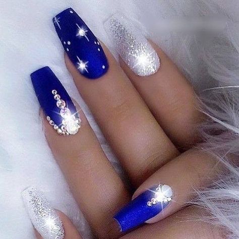 Blue And Silver Nails, Blue Coffin Nails, Dark Blue Nails, Blue Acrylic Nails, Blue Nail Designs, Christmas Nails Acrylic, Sparkle And Shine, Silver Nails, Xmas Nails