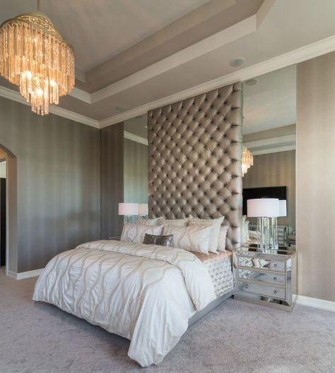 Creating a Cozy, Yet Elegant Bedroom Bedheads Upholstered, Grey Luxury Bedroom, Silver Bedroom, Glamourous Bedroom, Tall Mirror, Luxury Bedroom Design, Mirror On The Wall, Luxury Bedroom, Elegant Bedroom