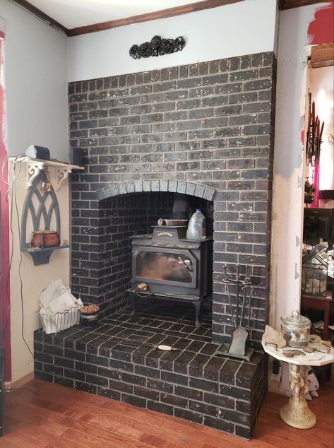 Black satin paint washed brick Dark Wash Brick Fireplace, Black Stained Brick, Dark Painted Brick Fireplace, Black Wash Fireplace, Black Wash Brick, Black Wash Brick Fireplace, Black Mantle Fireplace, Black Brick Fireplace, Stained Brick