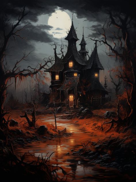 An oil painting of a haunted house in the middle of a dark forest. Haunted House Acrylic Painting, Scary House Painting, Haunted House Images, Gothic Haunted House, Haunted Forest Art, Haunted Paintings, Haunted House Halloween, Witch's House, Dark Halloween